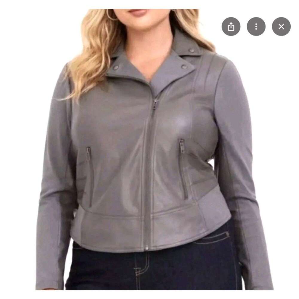 Torrid Gray Faux Leather Moto Jacket Size 2X Stretch Knit Sleeves party biker